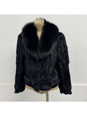 Vintage Y2K Black Rabbit & Fox Fur Pierced Jacket Coat